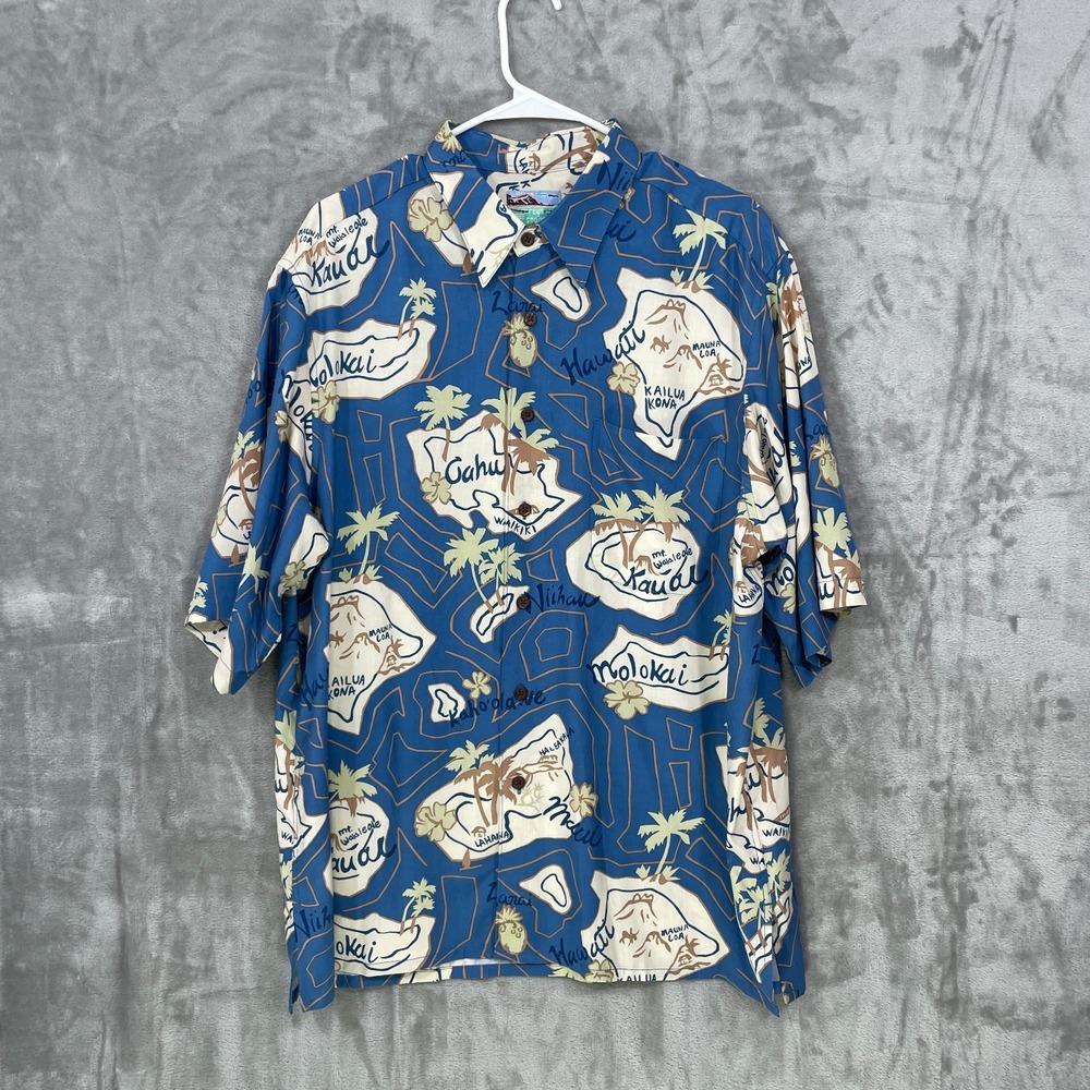 Vintage Reyn Spooner Hawaiian Shirt Mens Large Blue Hawaii Islands Map Rayon